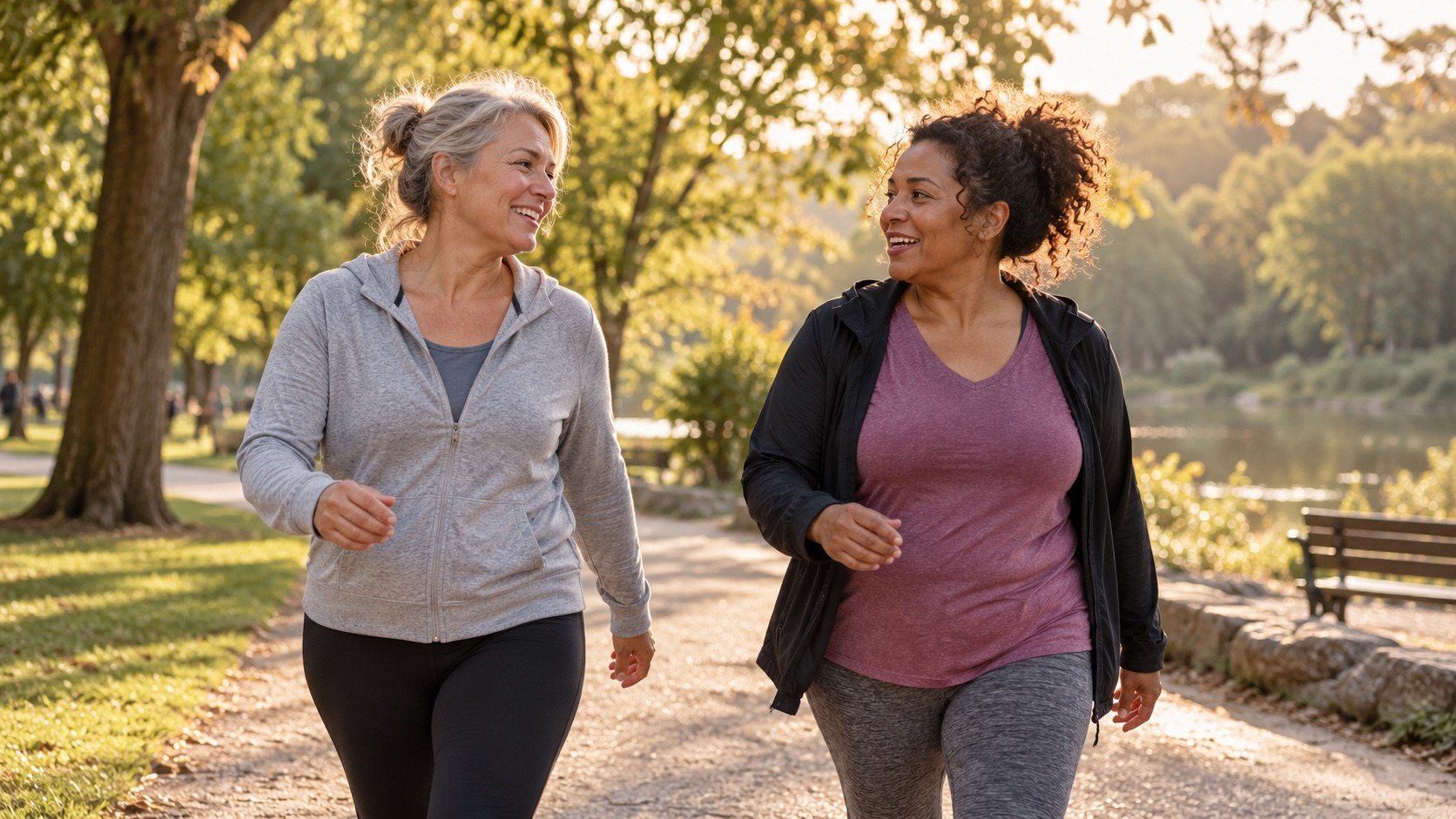 Two friends walk briskly through a park in late afternoon light.
