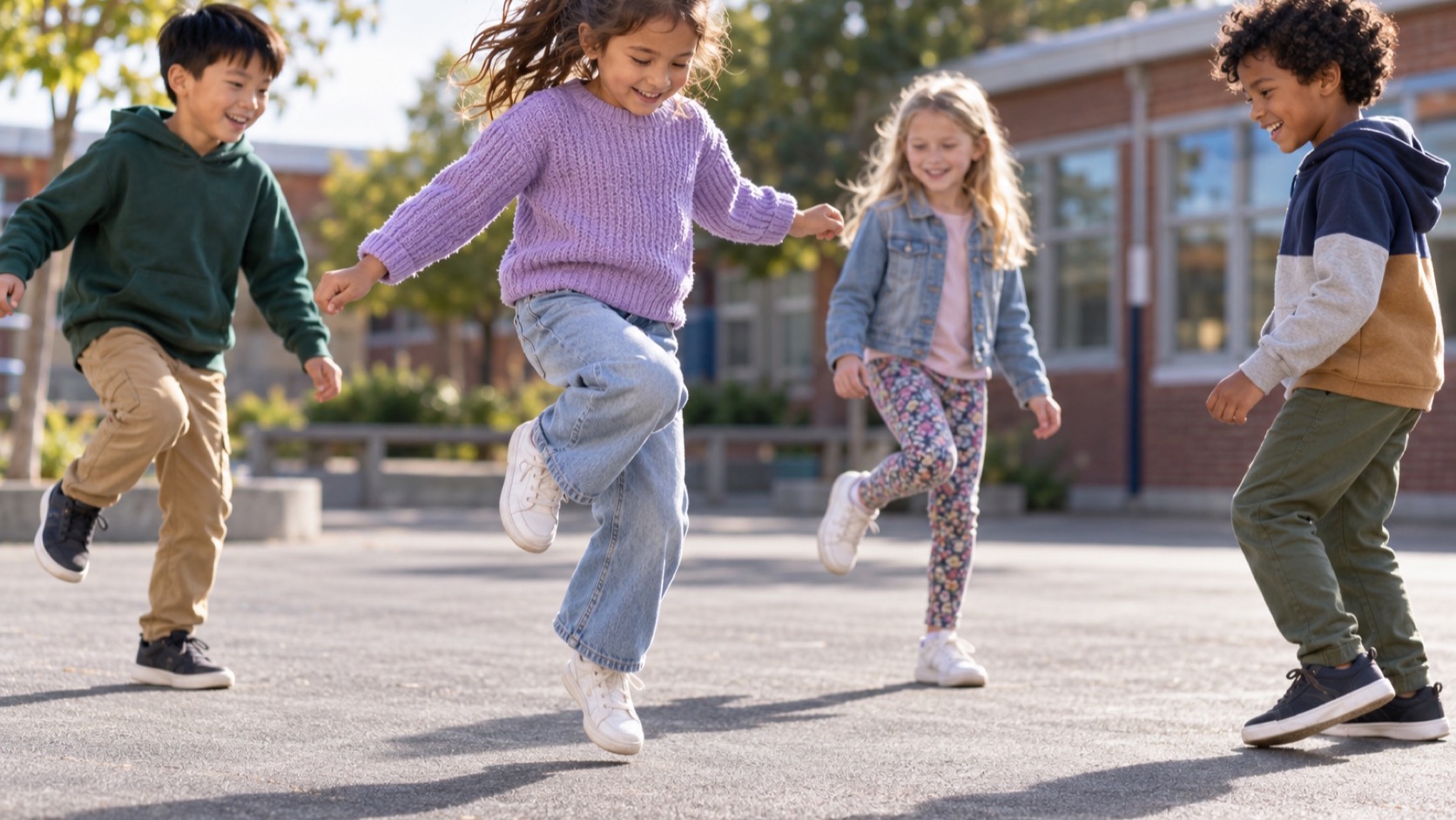Children jump and play on a paved schoolyard.