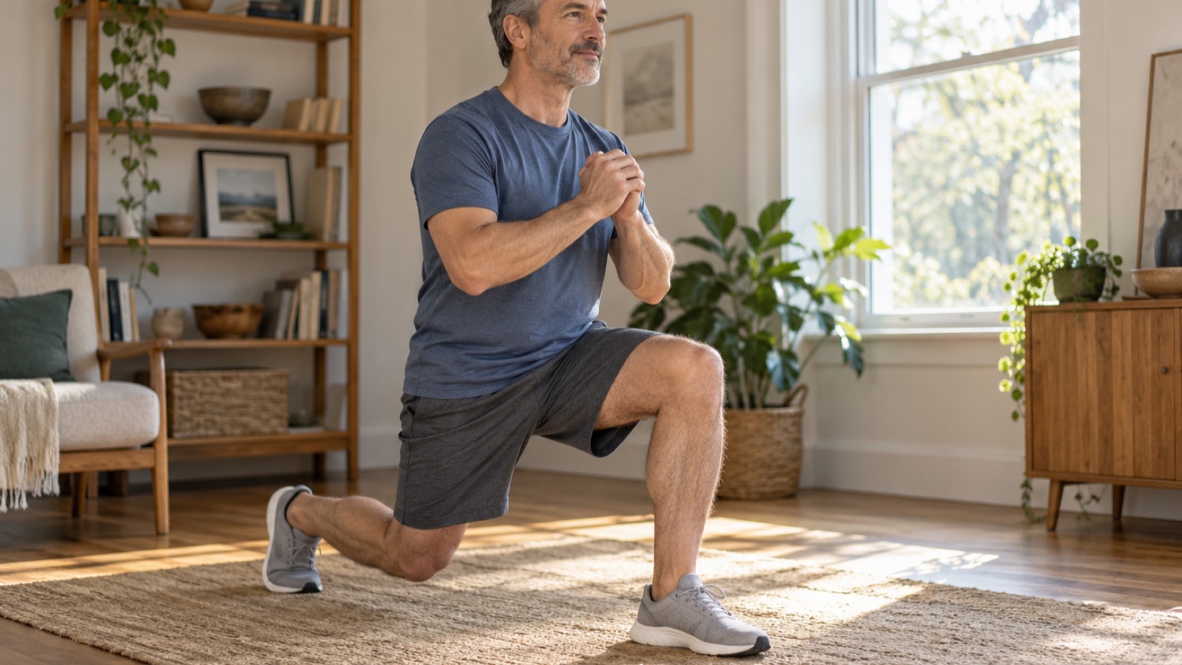 A man performs a controlled lunge in a home exercise space.
