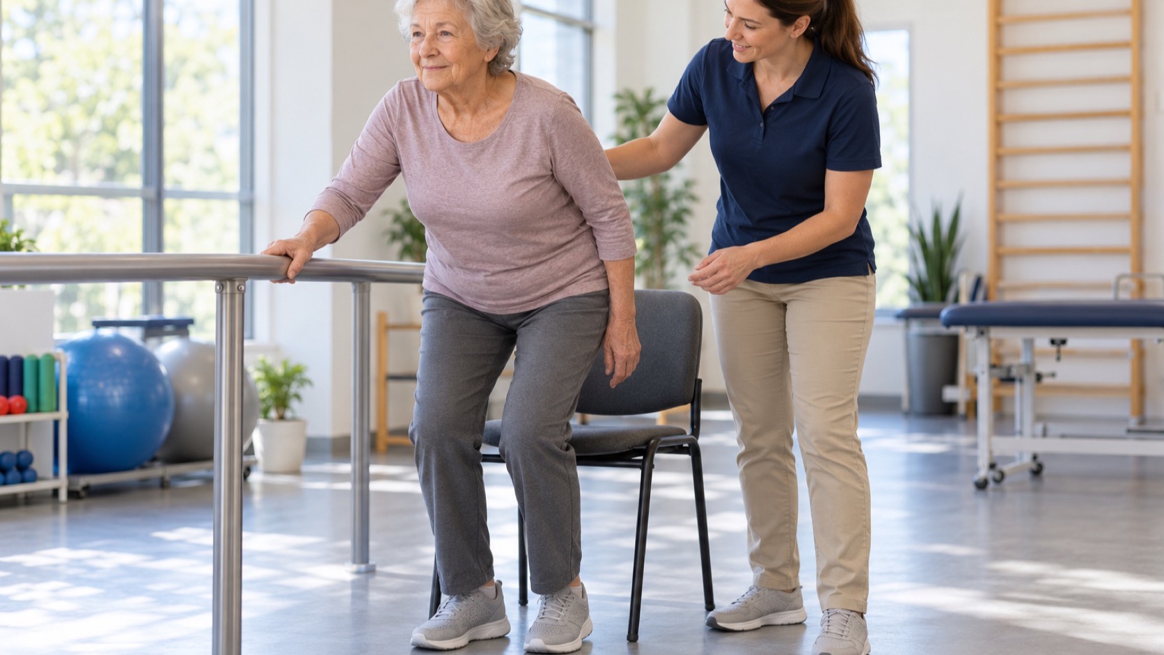 An older adult practices standing from a chair beside a physiotherapist.