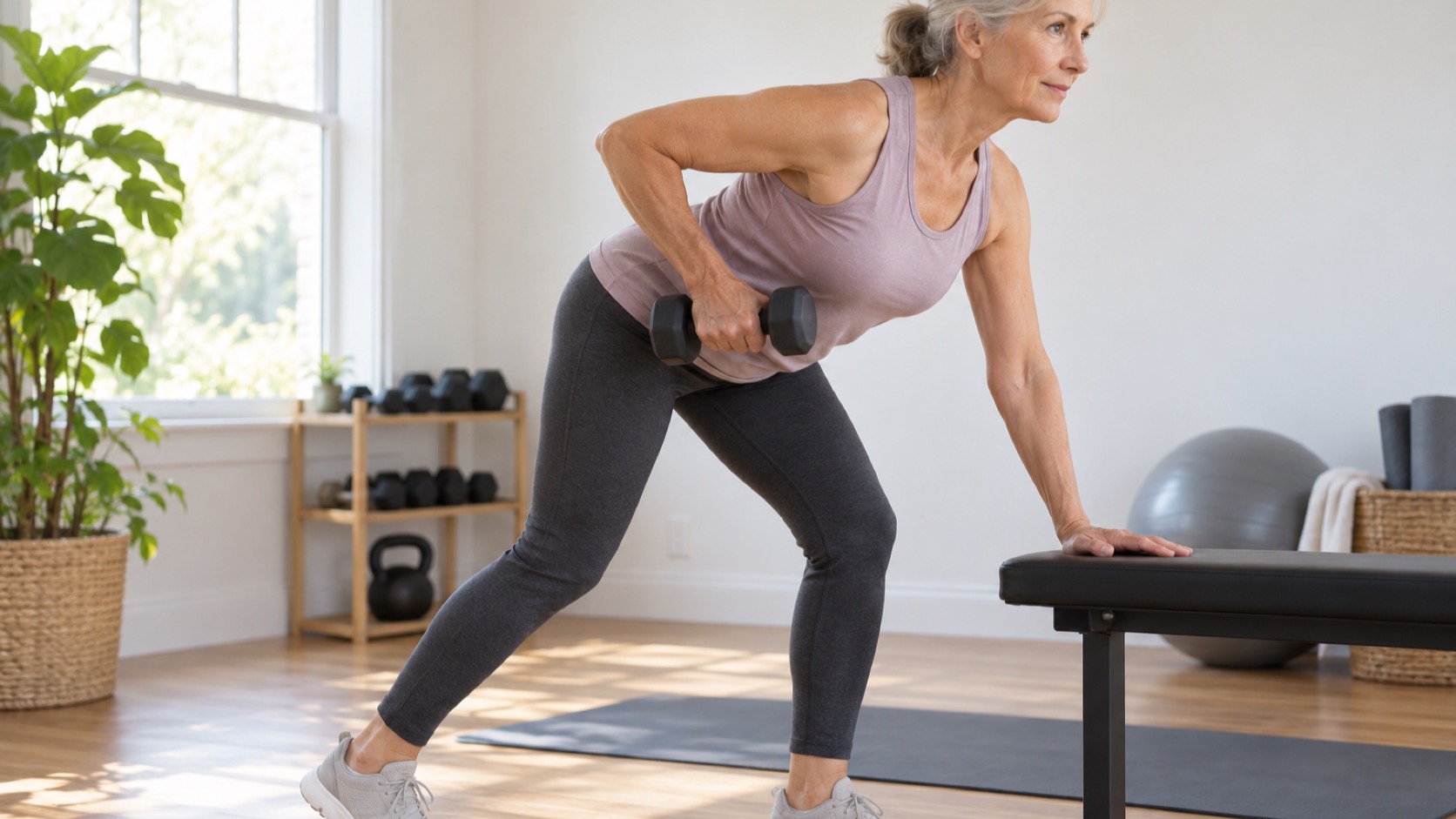 An older woman performs a supported single-arm dumbbell row in a home gym.