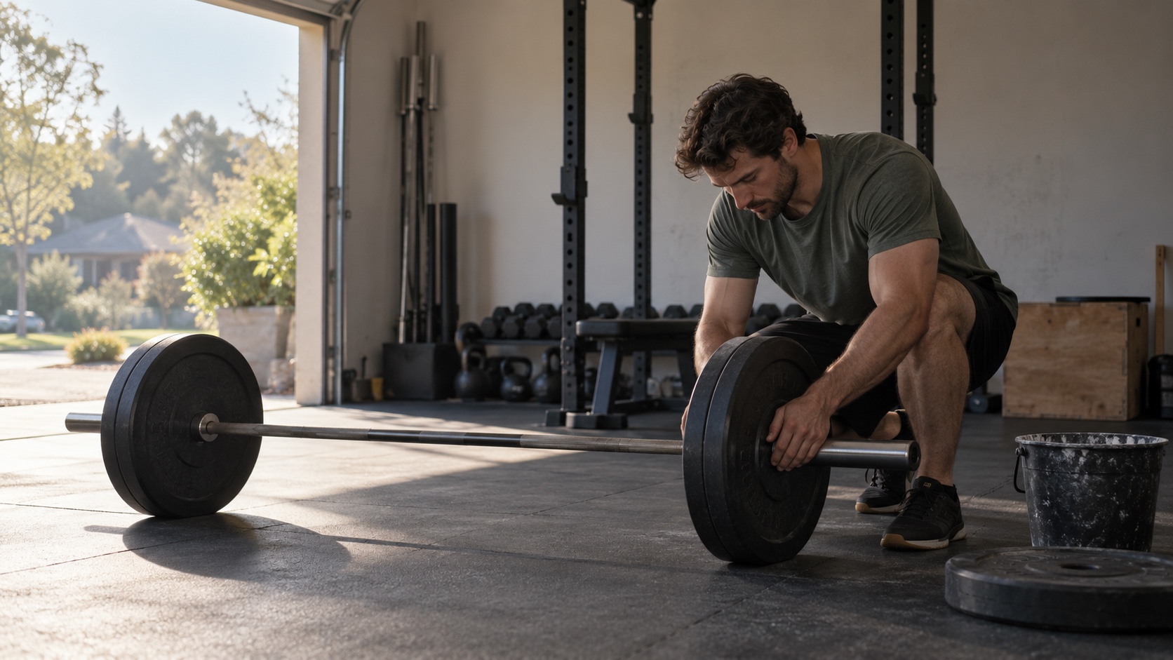 A man grips a barbell in a garage gym.