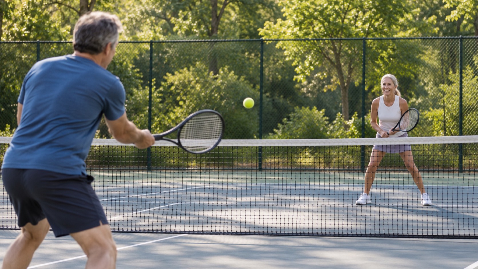 Two adults play casual tennis on a public court.