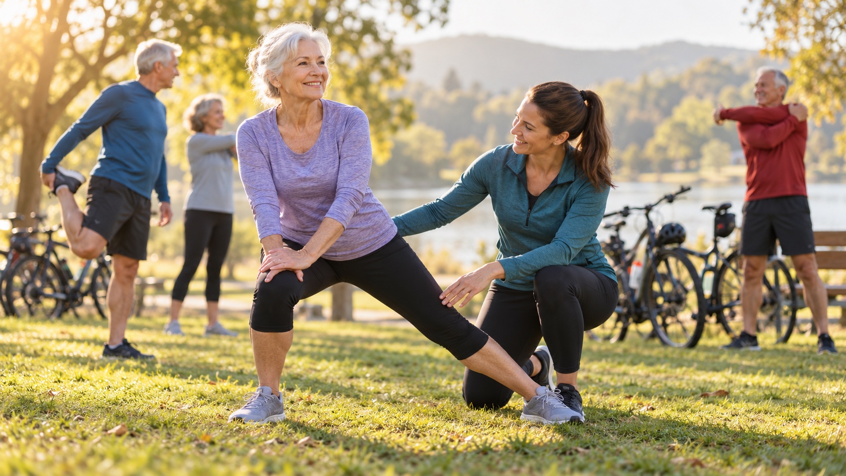 A coach guides an older adult through warm-up stretches.