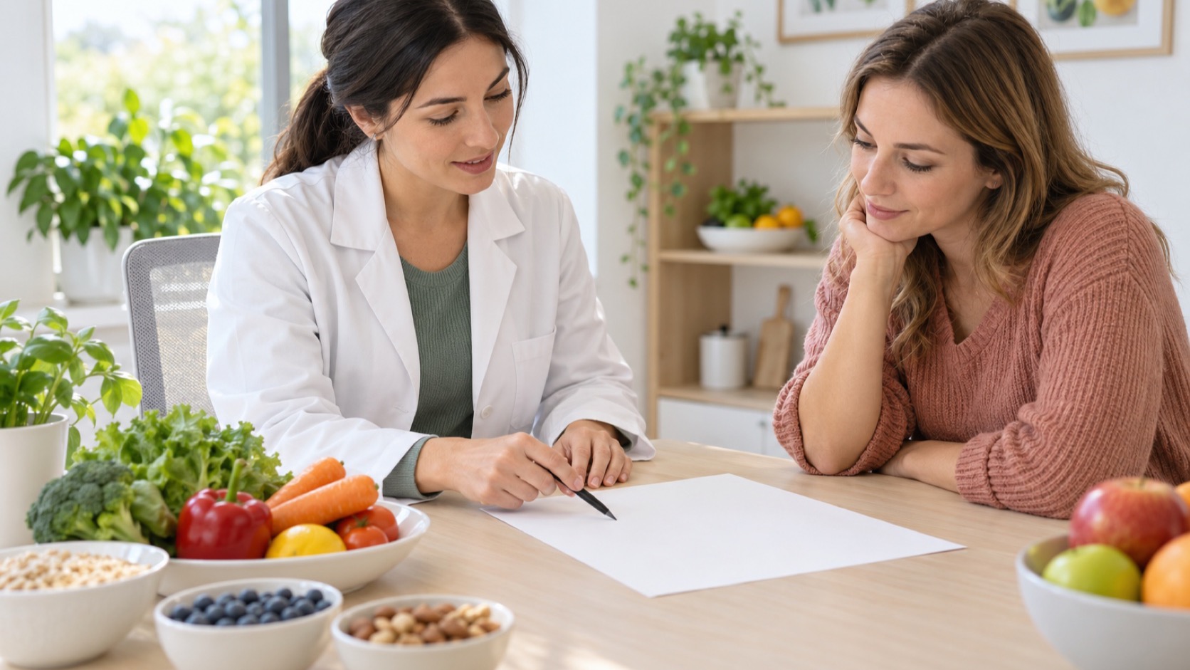 A dietitian and patient review a blank meal-plan sheet.