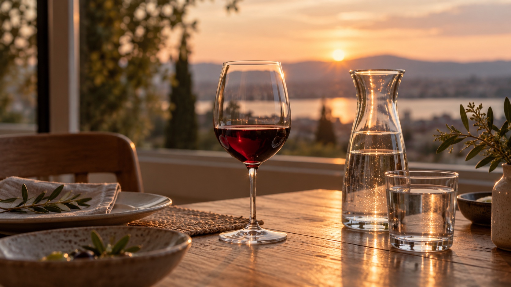 A glass of wine sits beside a water carafe on a set dinner table.