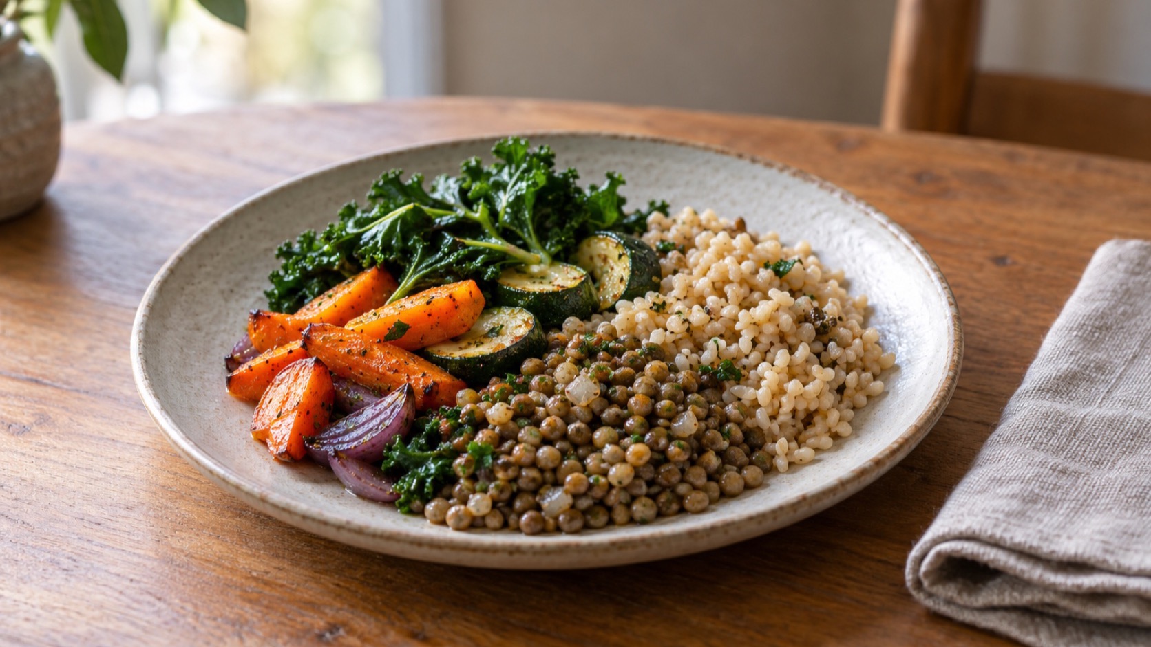 A modest balanced meal sits on a simple wooden table.