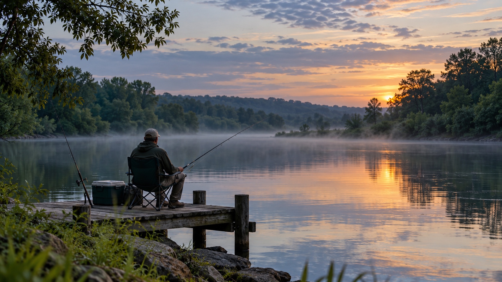 An angler fishes from a quiet jetty at dusk.