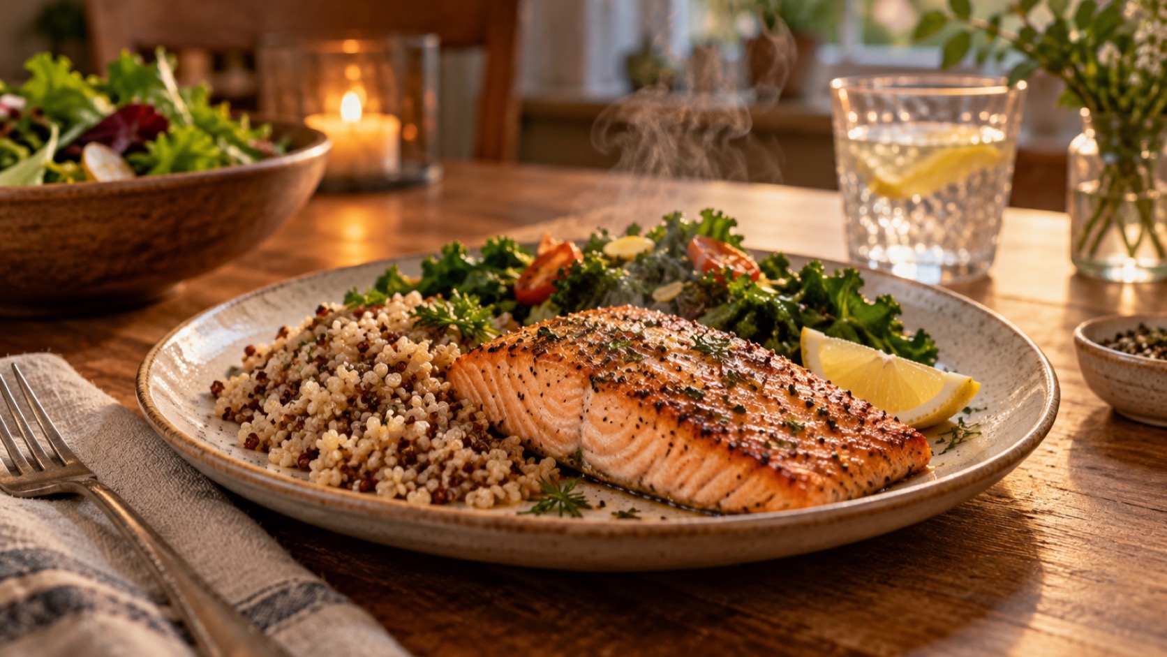 A baked salmon fillet sits with greens and grains on a plate.