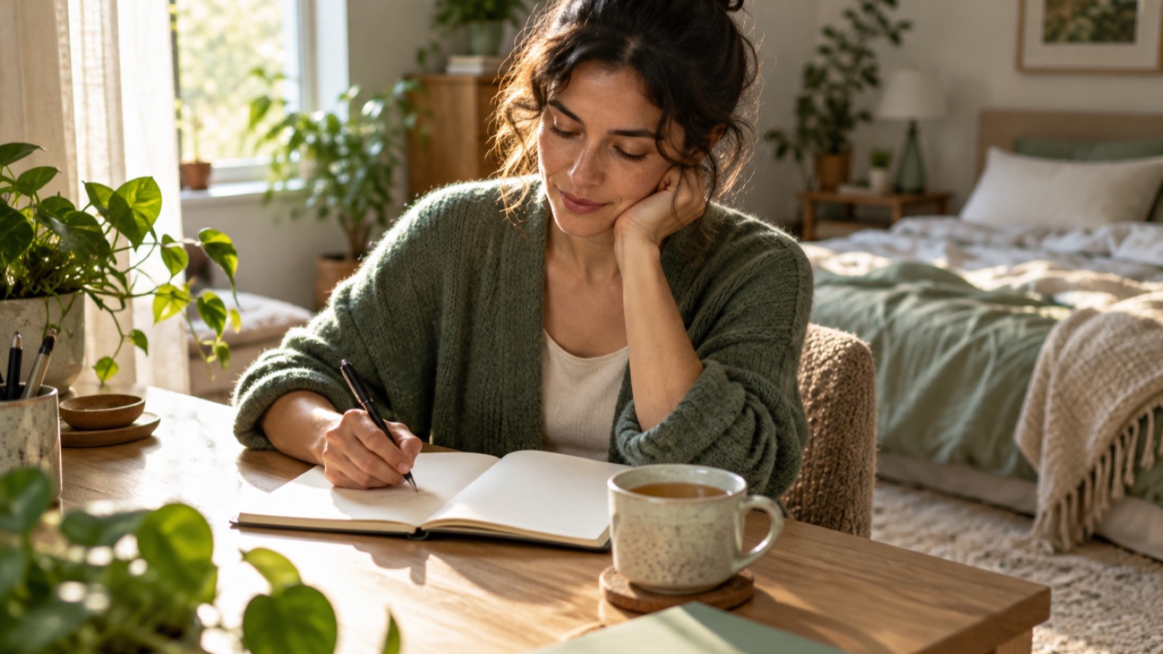 An adult writes in a plain notebook at a desk in morning light.