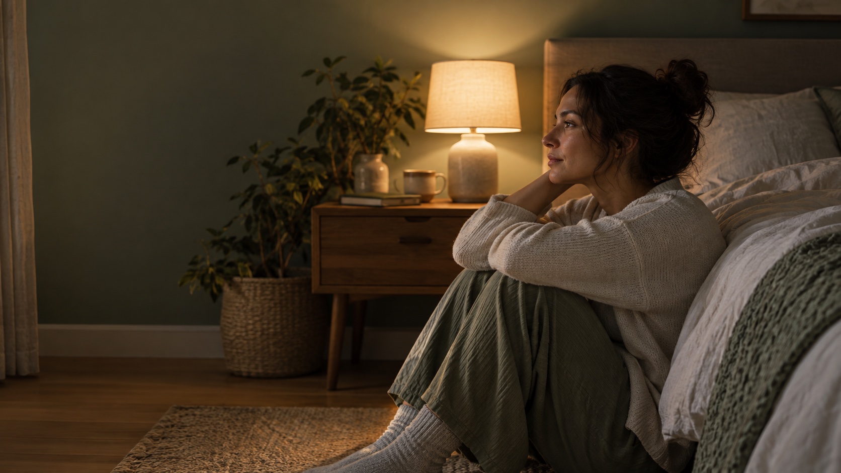 An adult sits calmly beside a bed in a softly lit bedroom.