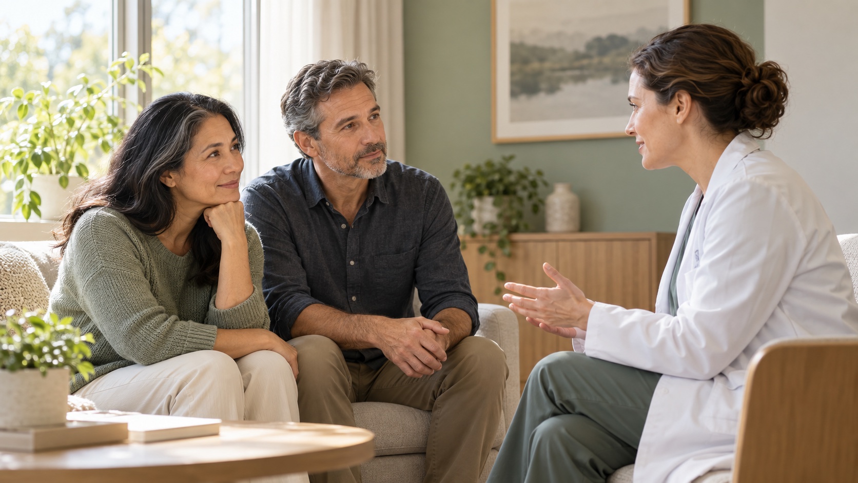 An adult and partner speak with a clinician in a bright consultation room.