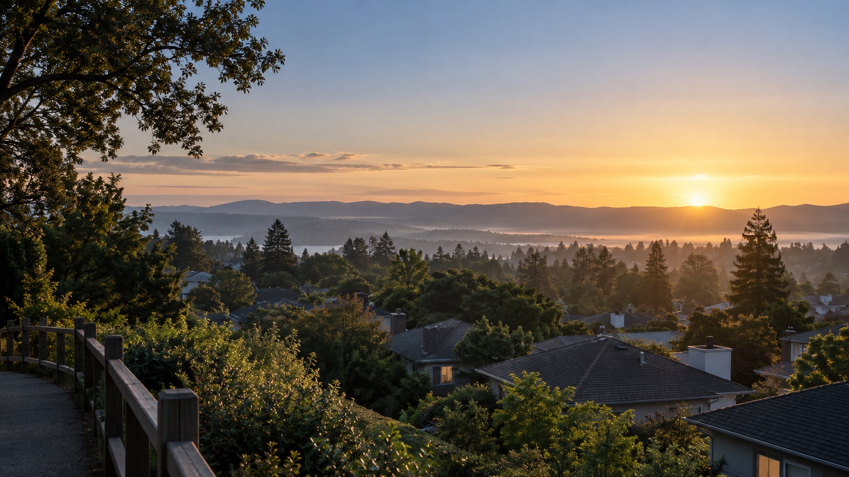 First light falls over a quiet residential neighborhood.