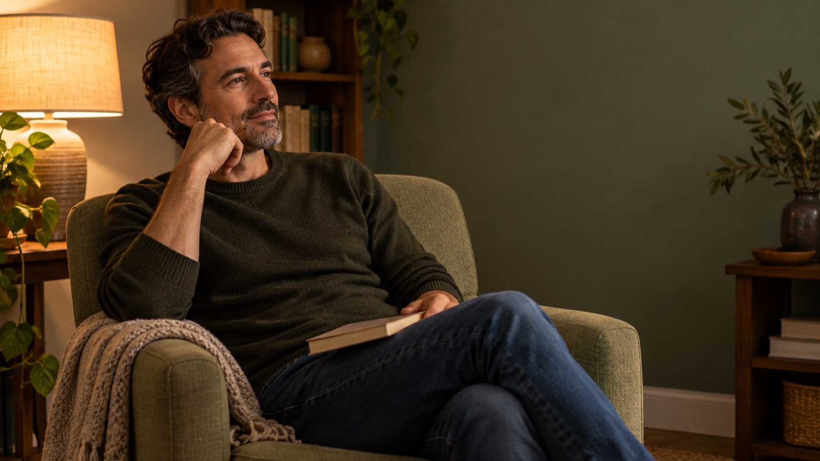 An adult man sits with a closed book in a softly lit room.