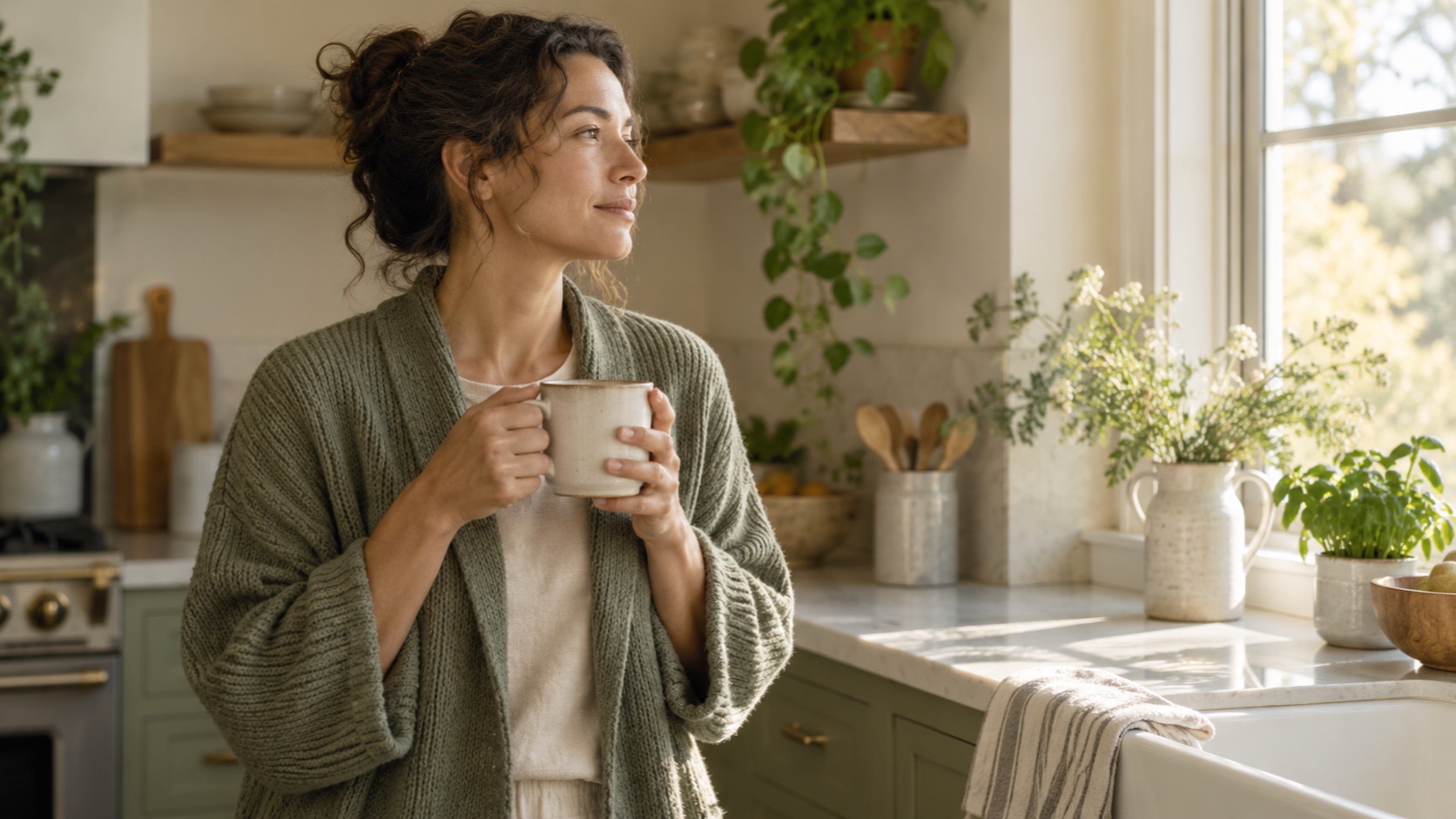 An adult pauses with a mug in a sunlit kitchen.