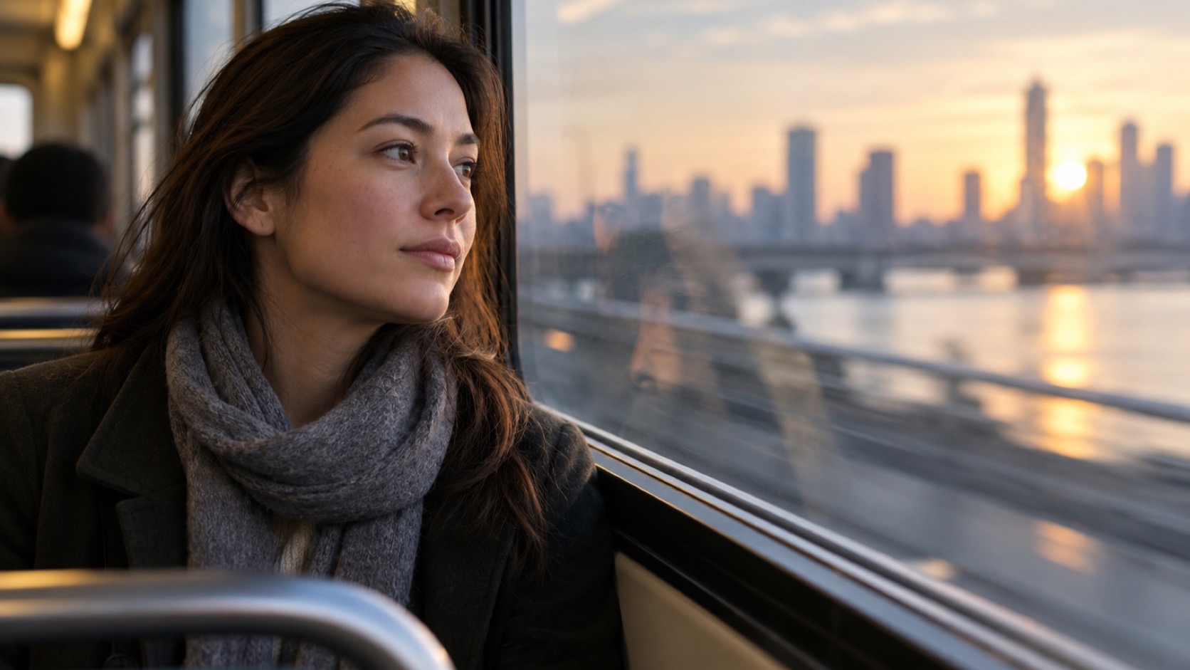 An adult commuter looks through a train window in early morning.
