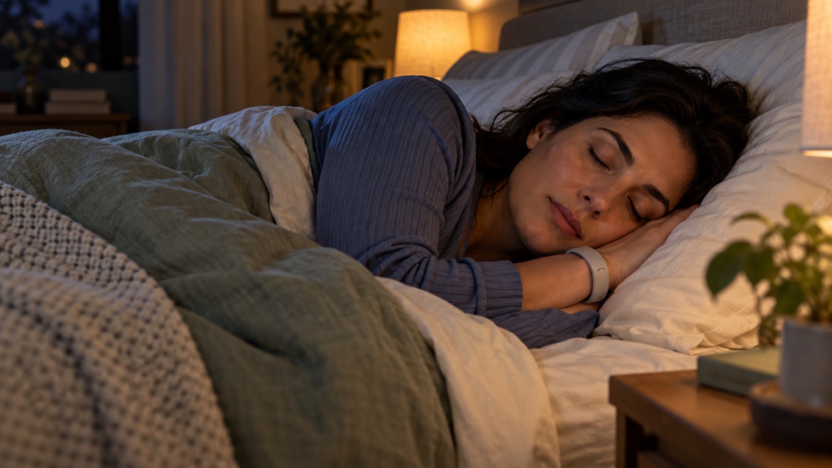 An adult sleeps on their side with a wrist wearable partly visible.