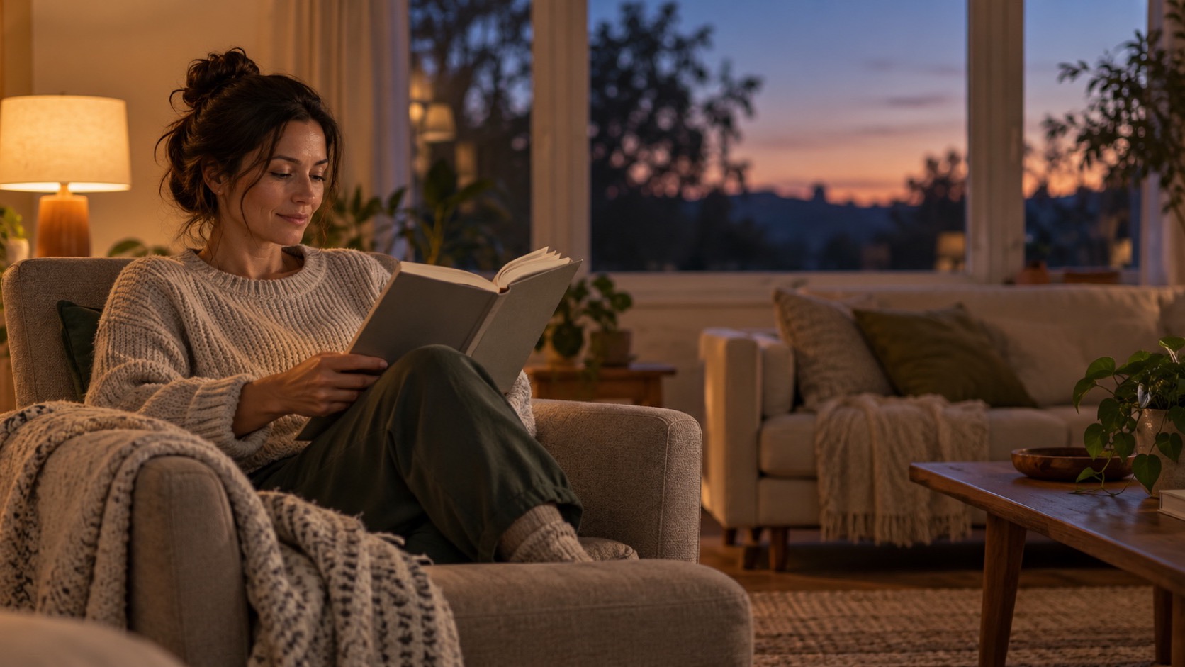 An adult reads in an armchair in evening light.