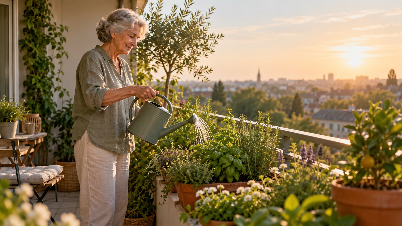 An older adult waters balcony plants in morning light.