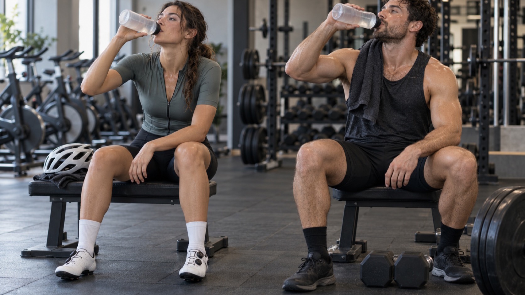 Two gym members rest with water bottles on benches beside training equipment.