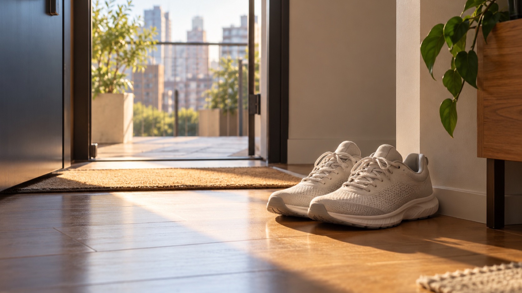 Plain running shoes sit by an open apartment door in morning light.