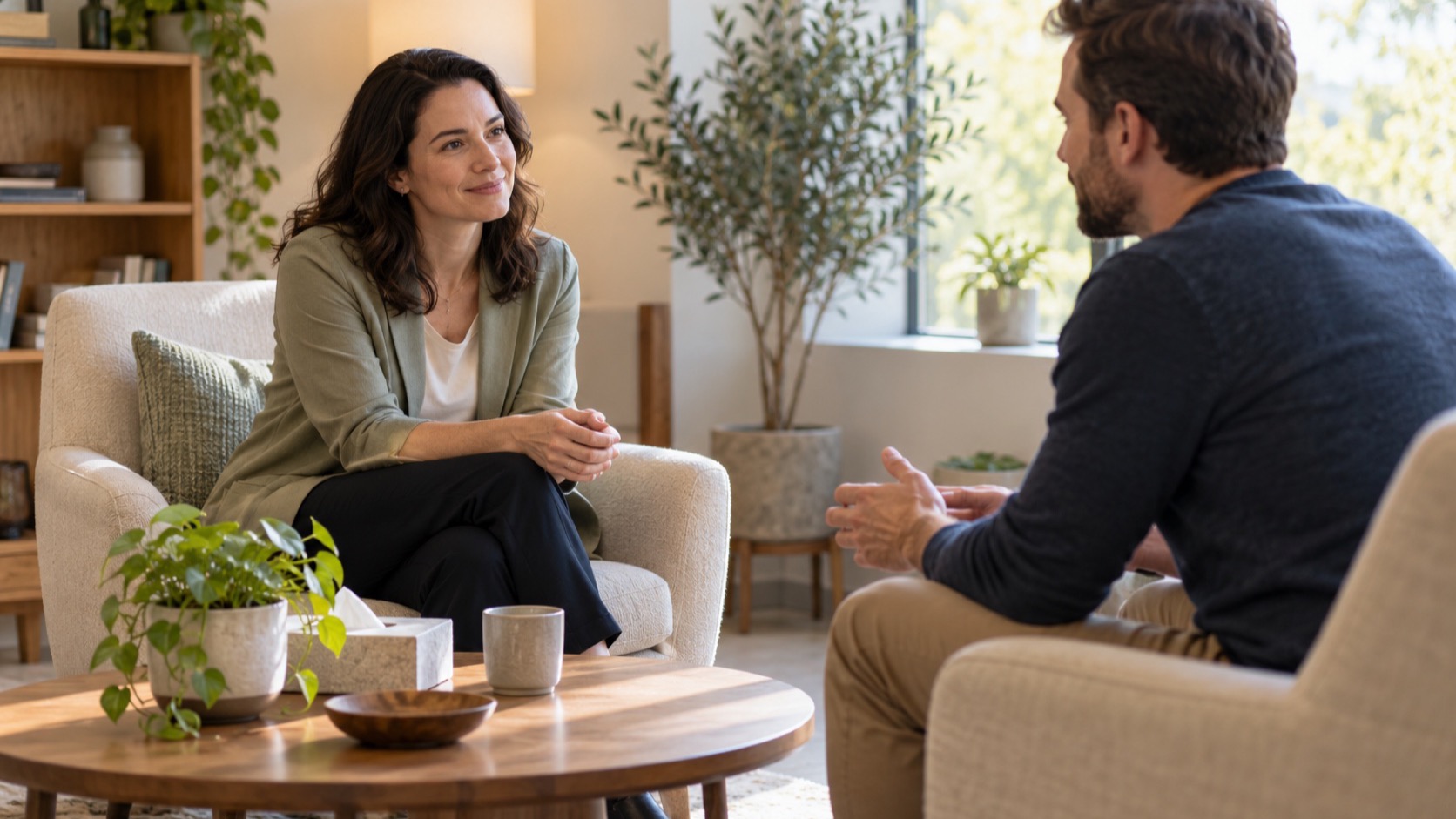 Two people sit in conversation across a low table in a warm, daylit room.