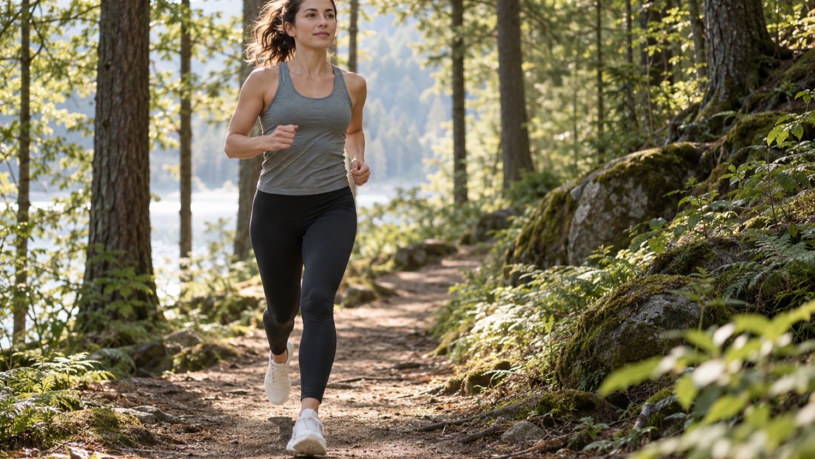 A woman jogs along a woodland trail with a calm, focused expression.