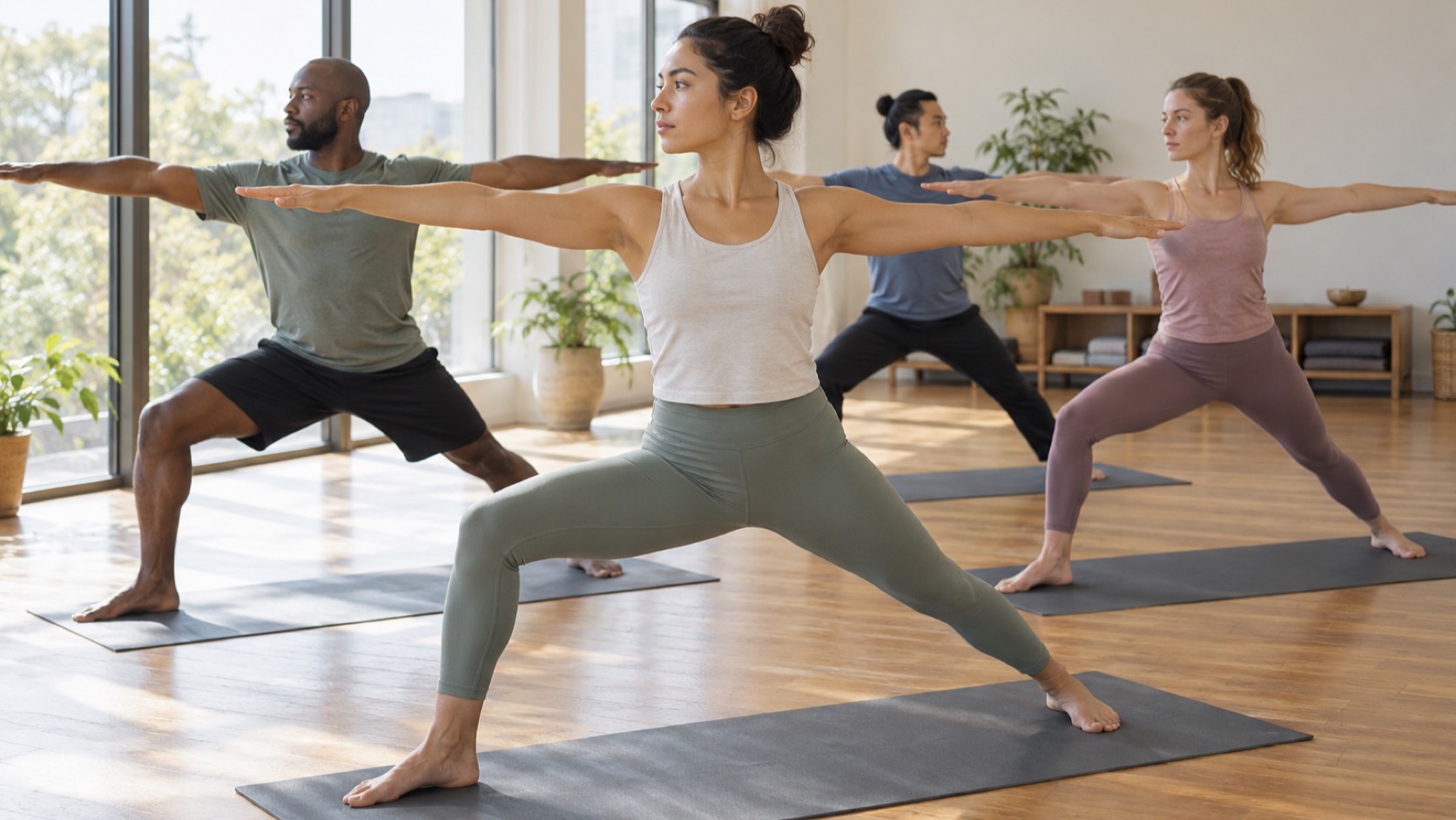 A small group holds a standing pose on mats in a bright studio.