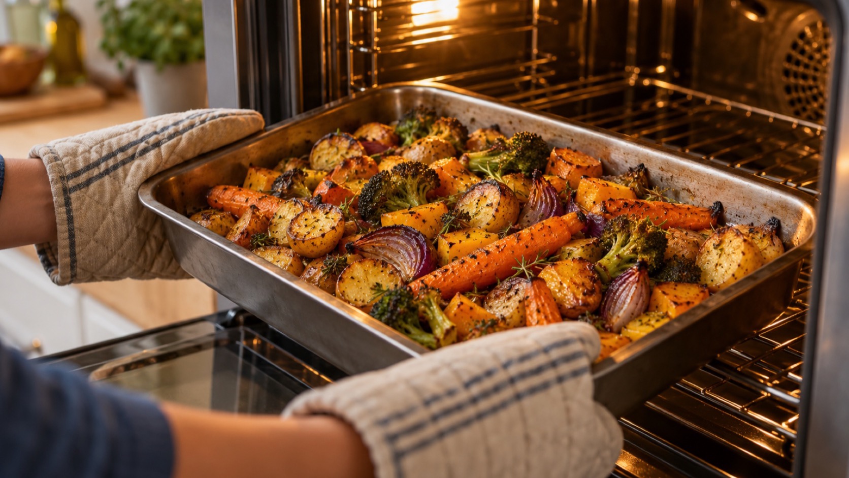 A tray of roasted vegetables with browned edges comes out of an oven.