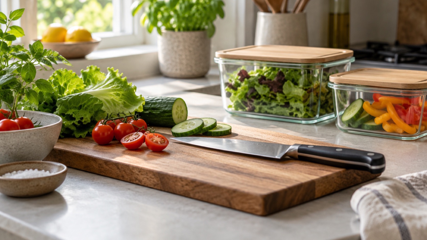 A cutting board, knife, vegetables, and storage containers sit on a clean kitchen counter.