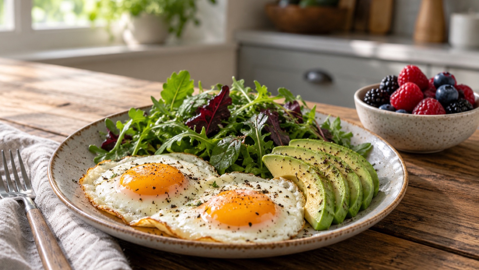 A plate of eggs, avocado, and leafy greens sits beside a bowl of berries on a wooden table.