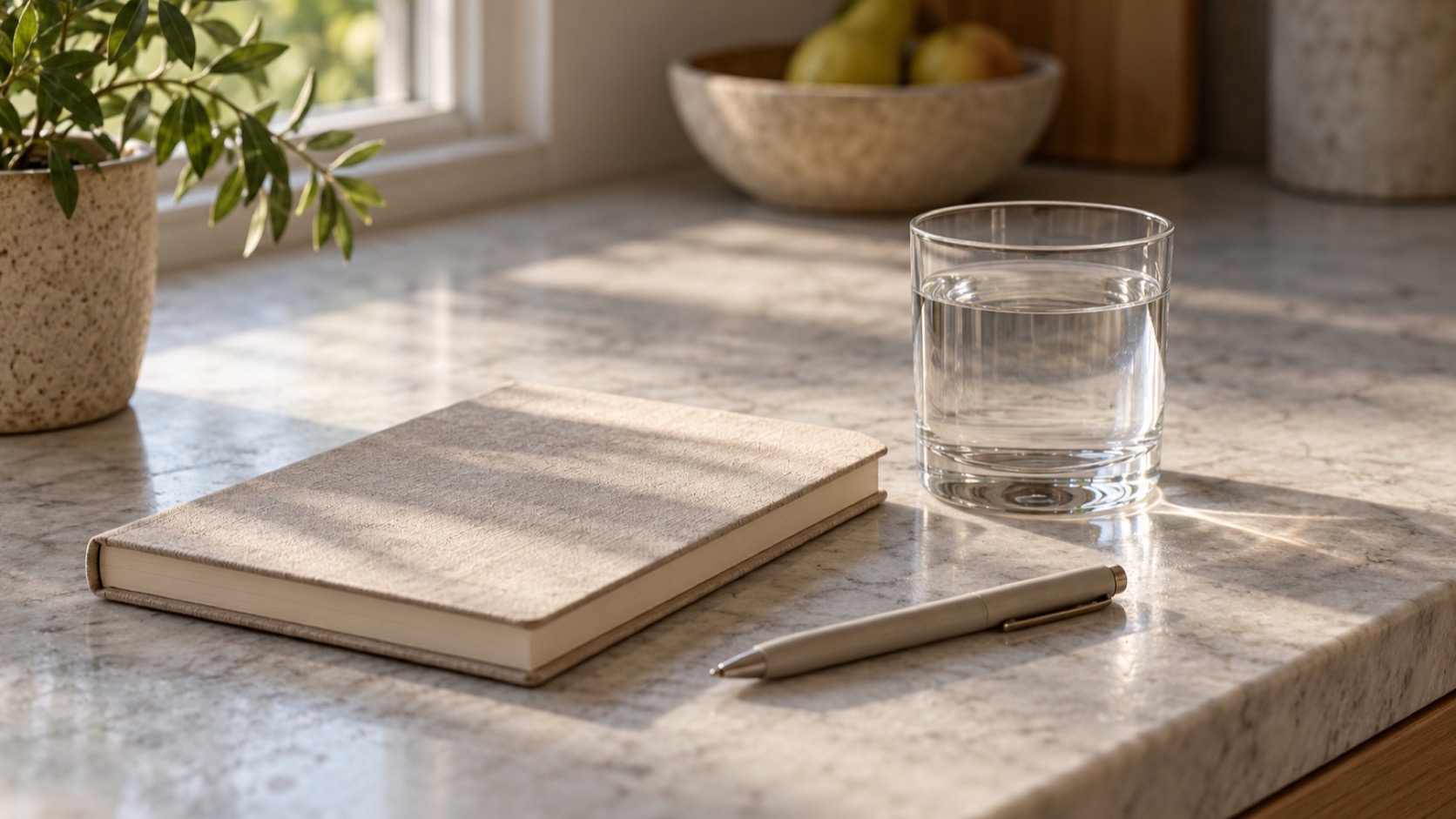 A closed notebook and a glass of water rest on a kitchen counter.