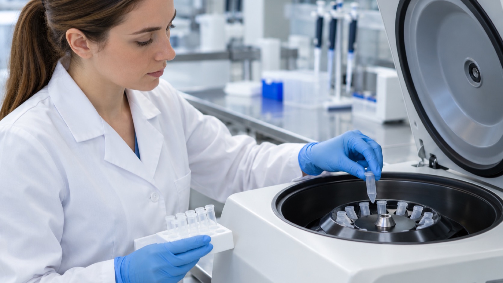 A laboratory technician loads sample tubes into a centrifuge.
