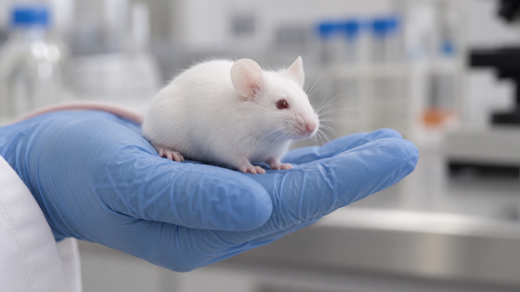 A white laboratory mouse rests calmly on a gloved hand.