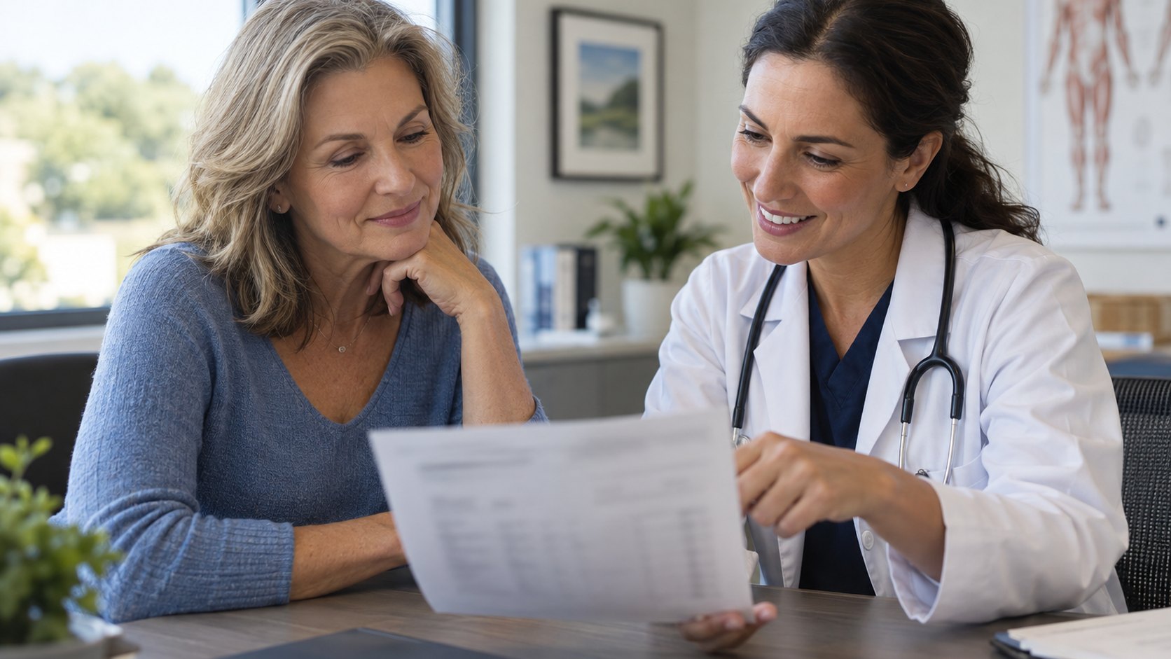 A woman reviews a blurred lab report with a clinician during a primary-care visit.