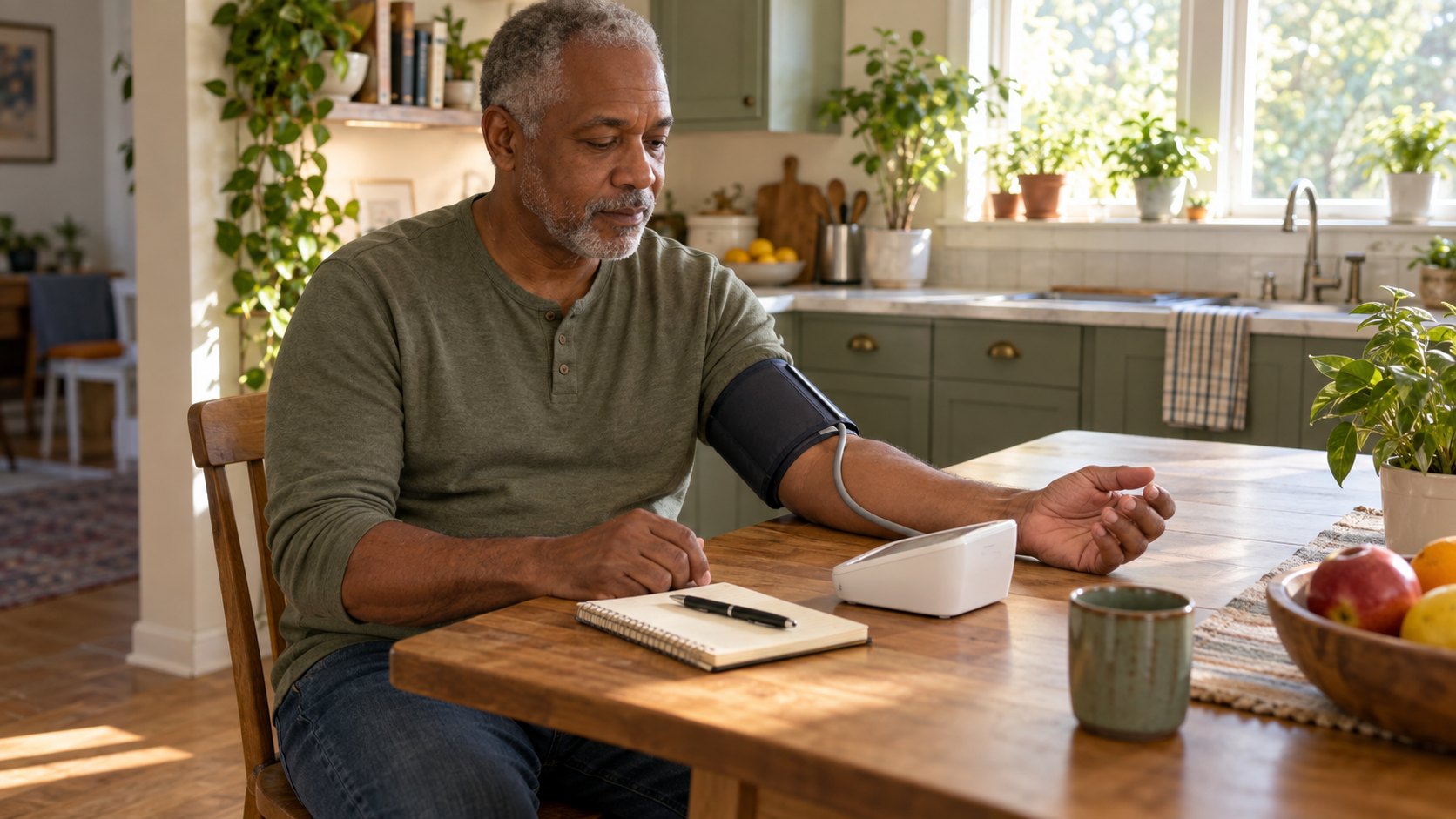An adult sits calmly while using a home upper-arm blood-pressure monitor.