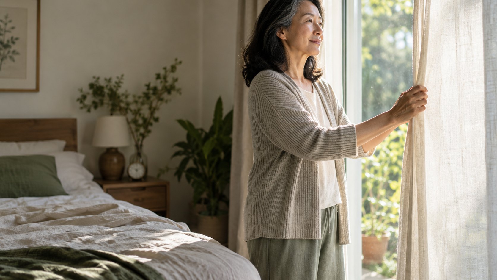 A woman opens curtains in a softly lit bedroom in the early morning.