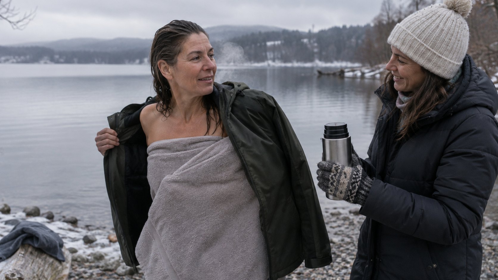 A woman wraps up in a towel and warm jacket after a cold lake dip.