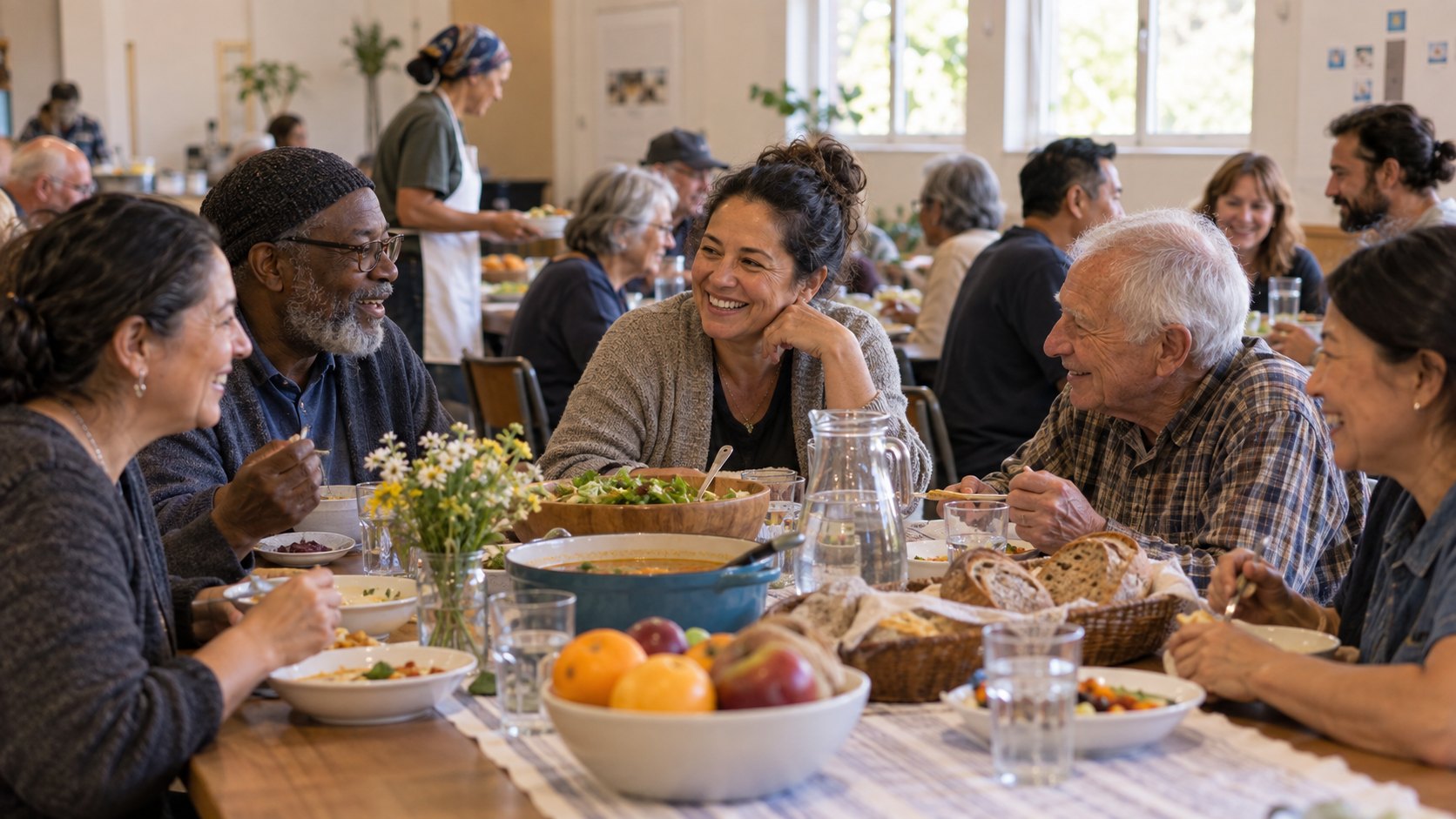 A diverse group shares a meal and conversation in a neighborhood hall.