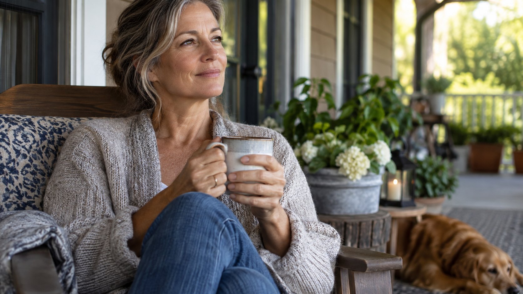 A woman pauses with a cup of tea on a shaded porch after a busy day.