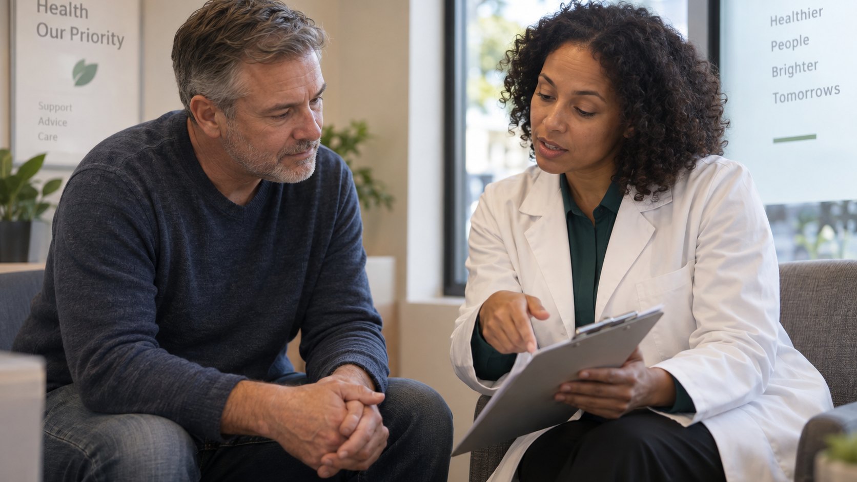 A man discusses a medication list with a pharmacist in a quiet consultation area.