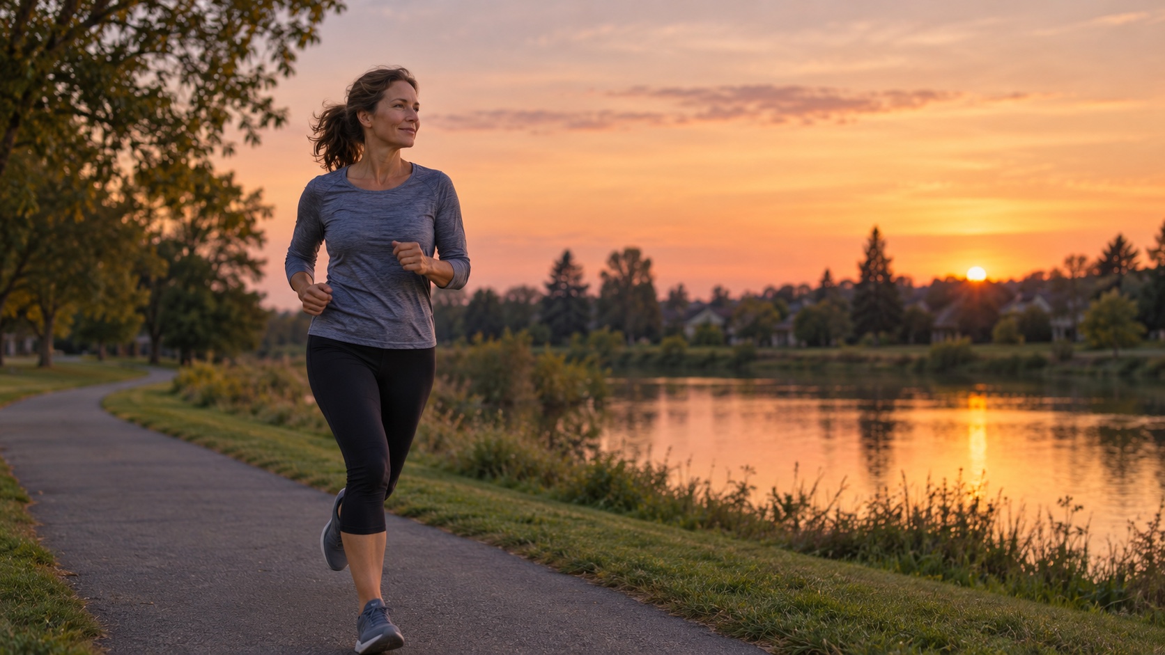 A woman jogs easily along a park path in warm low evening light.