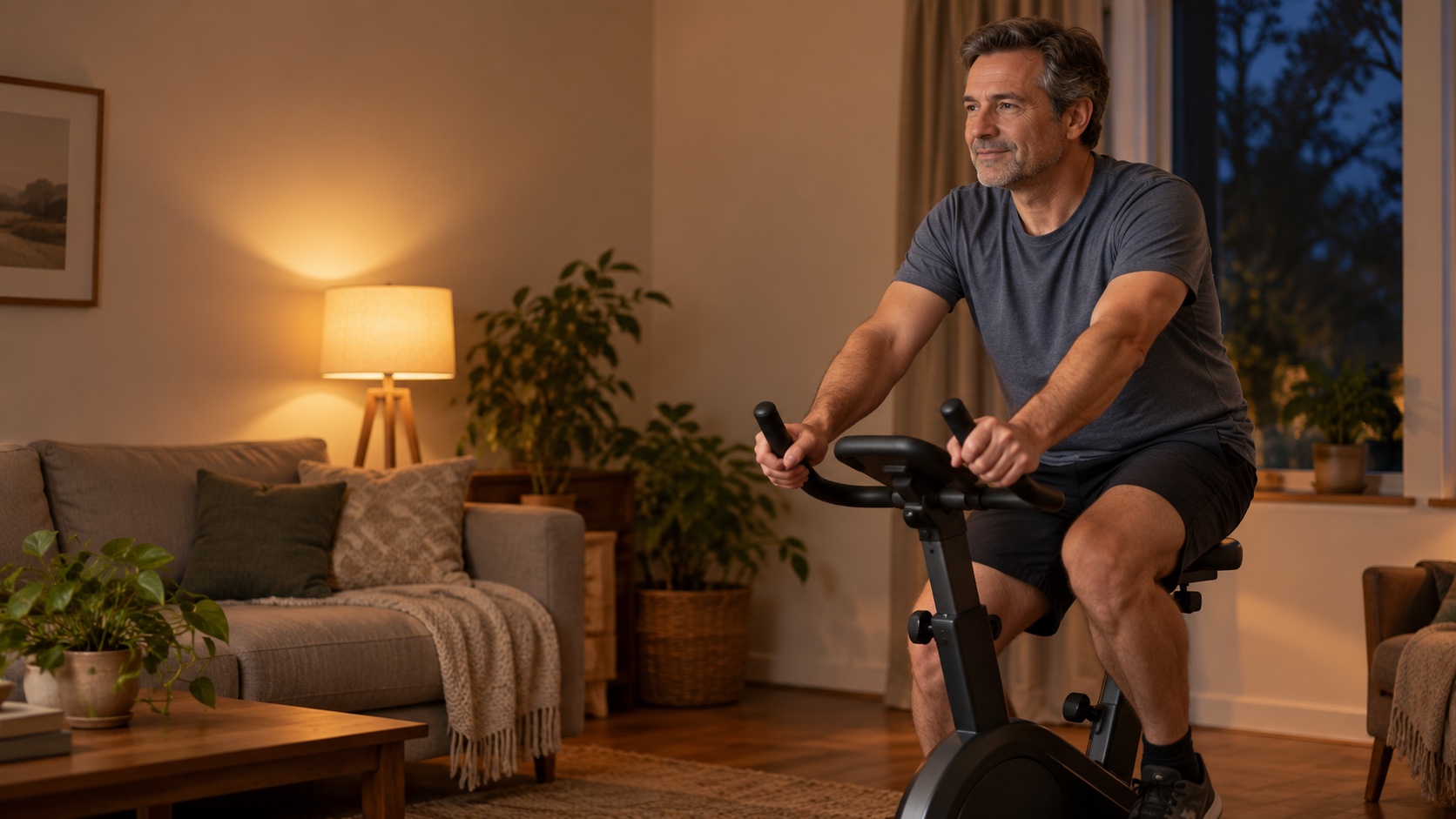 A man pedals a simple indoor bike in a warm-lit living room in the evening.