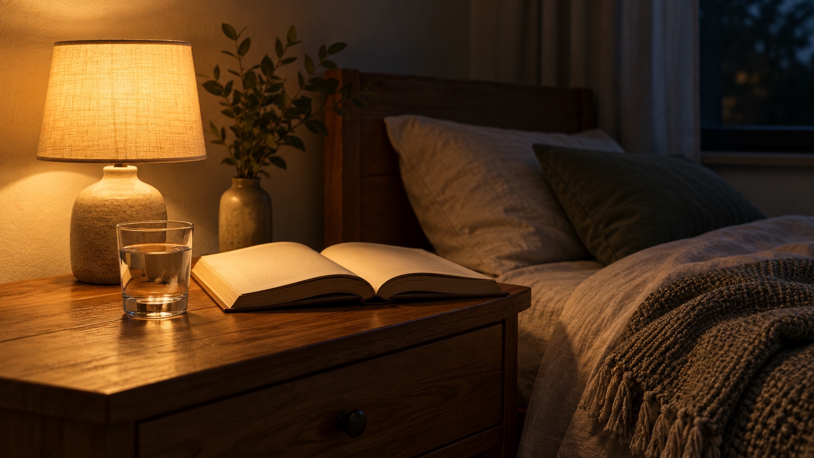 A bedside table with a warm lamp, an open book and a glass of water.