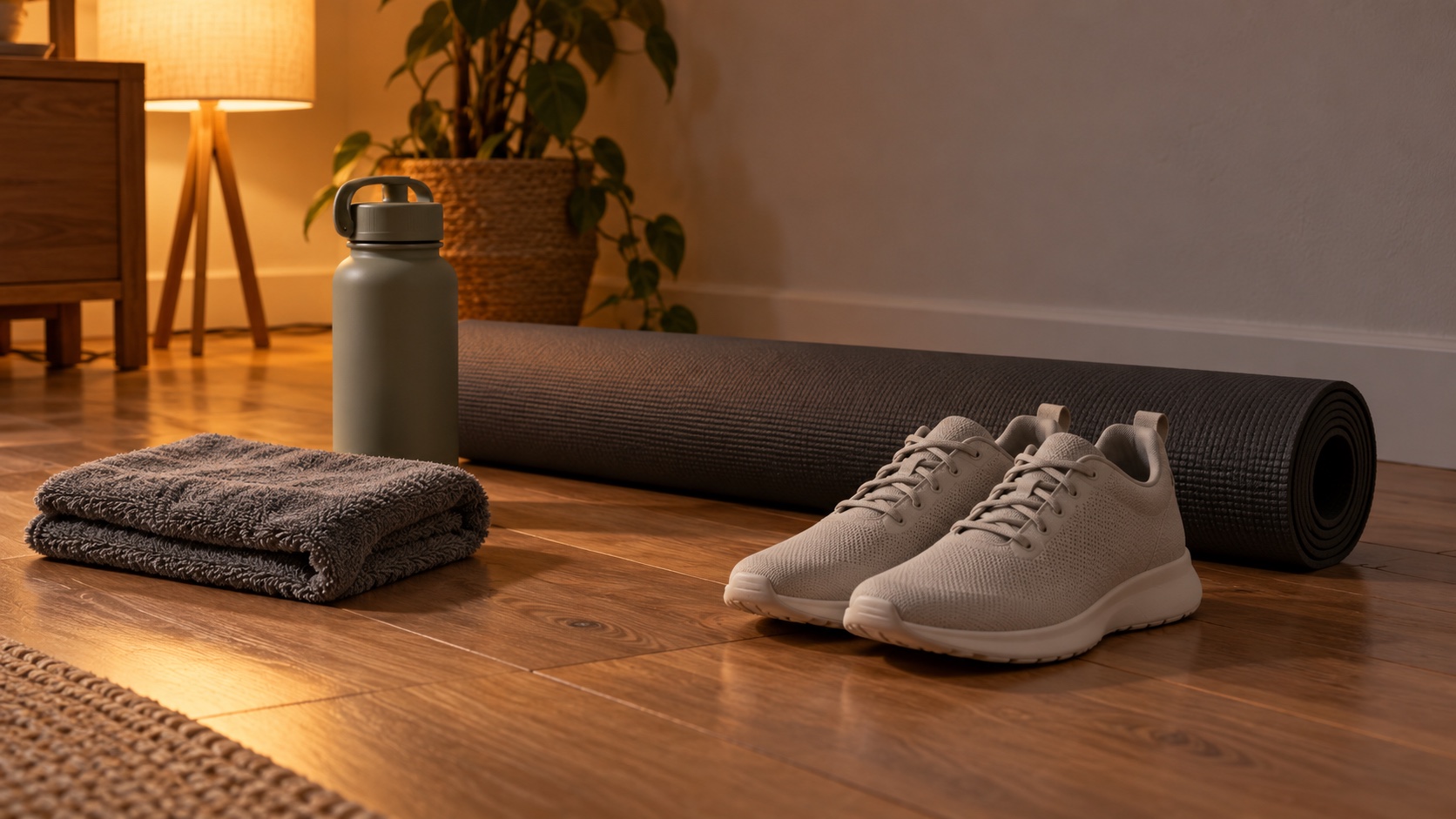 Training shoes, a towel and a plain water bottle on a floor beside a rolled mat in lamplight.