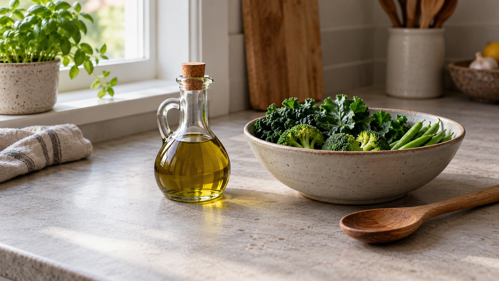 A small bottle of olive oil stands beside a bowl of greens on a kitchen counter.