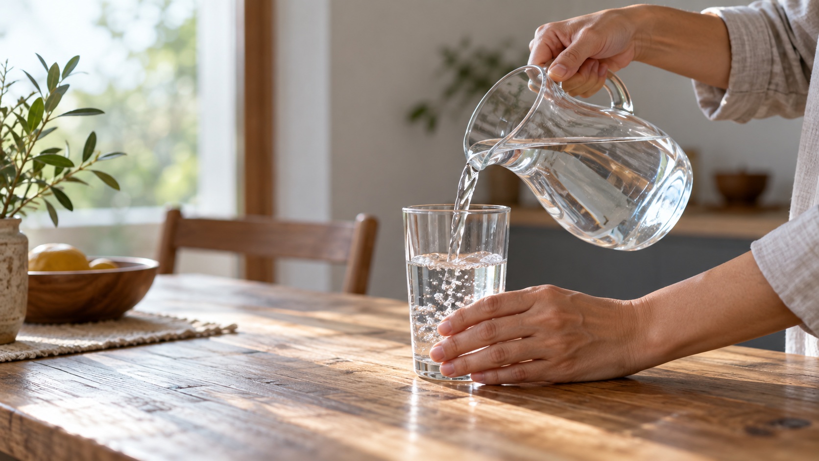 A person pours water from a jug into a glass on a wooden table.