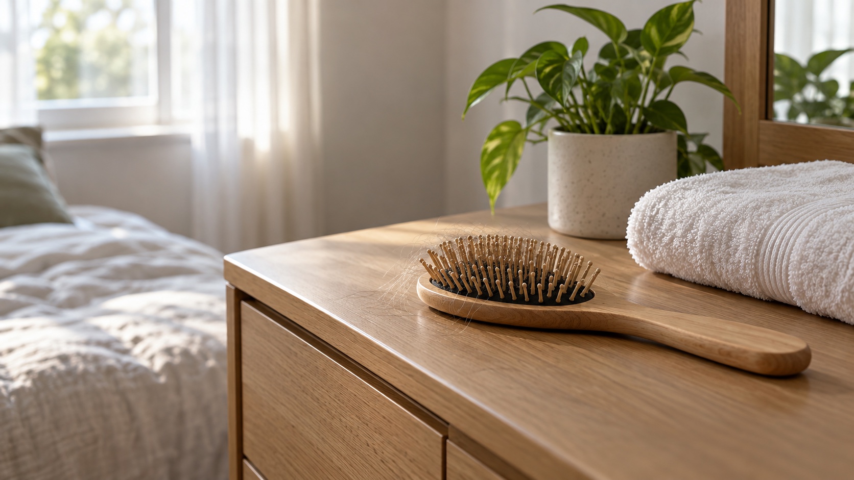 A wooden hairbrush and a folded towel rest on a dresser in soft light.