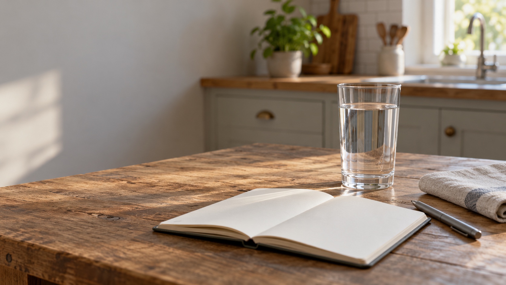 A kitchen table in soft morning light with a glass of water, an open notebook and a folded cloth.
