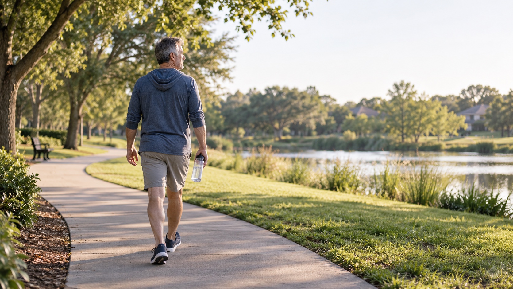 A man walks an easy pace along a park path carrying a water bottle.